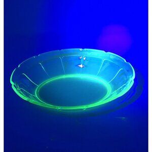 Set of Green Uranium Glass Oval Oblong‎ Serving Dish Bowls (2)  Scalloped Edges